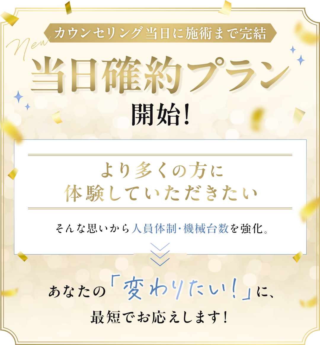 カウンセリング当日に施術まで完了 当日確約プラン開始！