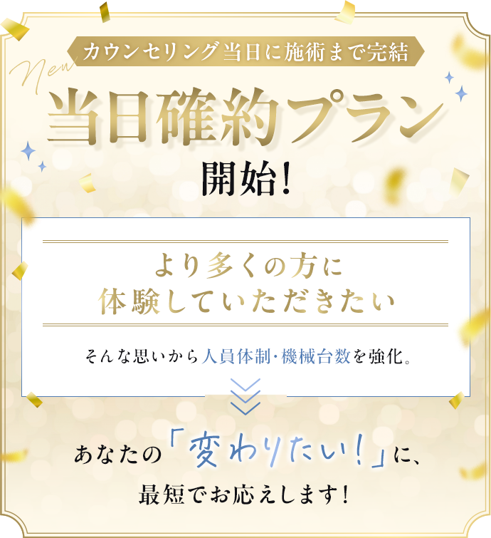カウンセリング当日に施術まで完了 当日確約プラン開始！