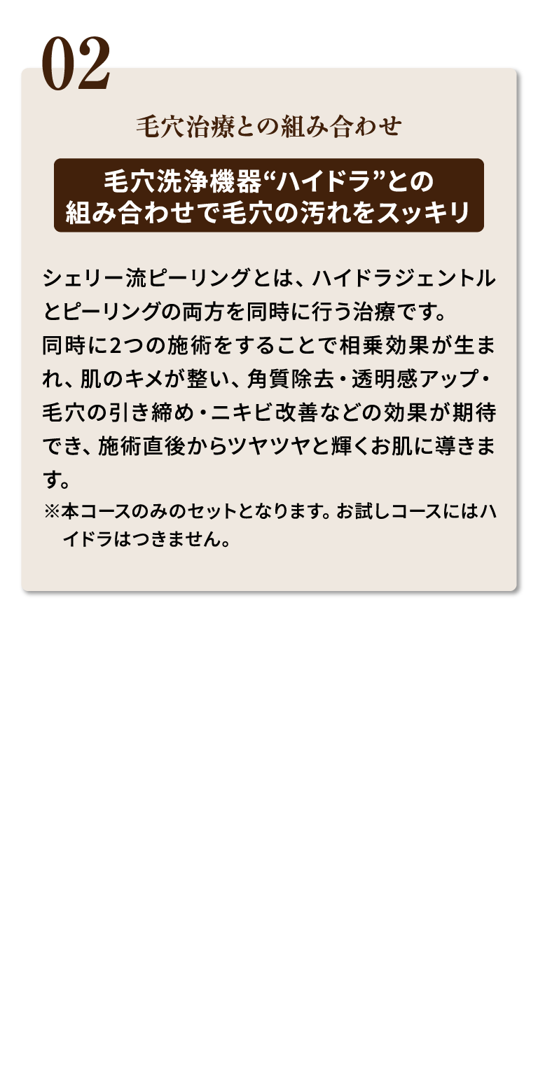 02.毛穴治療との組み合わせ 毛穴洗浄機器“ハイドラ”との
          組み合わせで毛穴の汚れをスッキリ シェリー流ピーリングとは、ハイドラジェントルとピーリングの両方を同時に行う治療です。同時に2つの施術をすることで相乗効果が生まれ、肌のキメが整い、角質除去・透明感アップ・毛穴の引き締め・ニキビ改善などの効果が期待でき、施術直後からツヤツヤと輝くお肌に導きます。