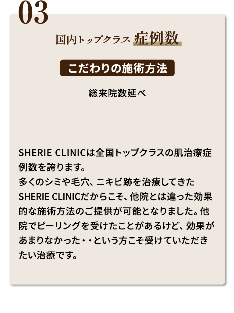 03.国内トップクラス症例数 こだわりの施術方法 SHERIE CLINICは全国トップクラスの肌治療症例数を誇ります。多くのシミや毛穴、ニキビ跡を治療してきたSHERIE CLINICだからこそ、他院とは違った効果的な施術方法のご提供が可能となりました。他院でピーリングを受けたことがあるけど、効果があまりなかった・・という方こそ受けていただきたい治療です。
            