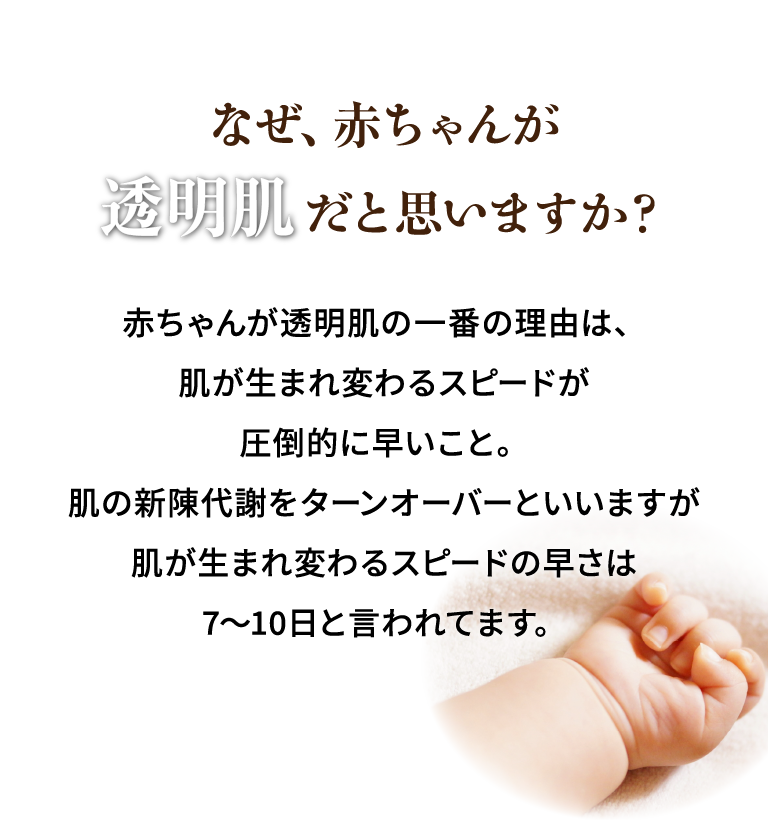 なぜ、赤ちゃんが透明肌だと思いますか？赤ちゃんが透明肌の一番の理由は、
          肌が生まれ変わるスピードが圧倒的に早いこと。肌の新陳代謝をターンオーバーといいますが肌が生まれ変わるスピードの早さは7〜10日と言われてます。